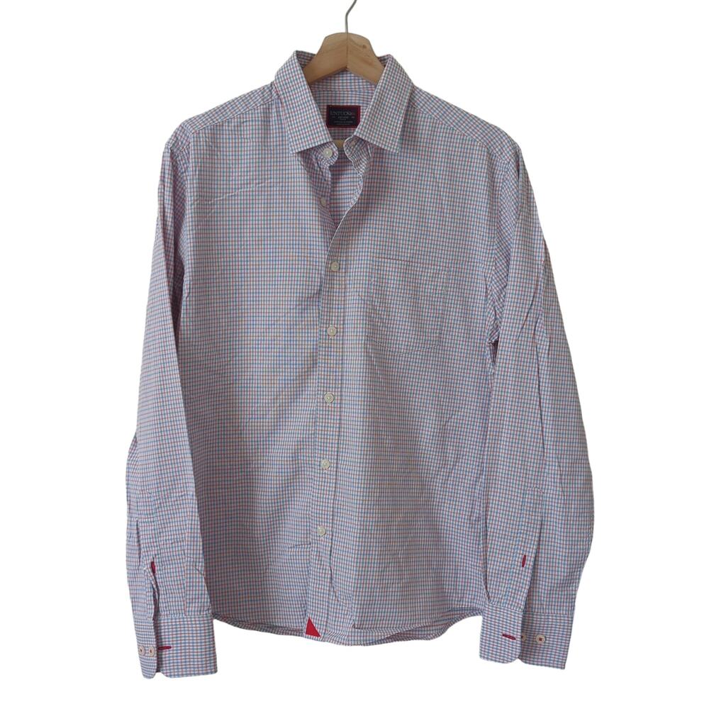 UNTUCKit Mens Shirt Medium Plaid Blue Red Button Down Russell Slim Long Sleeve